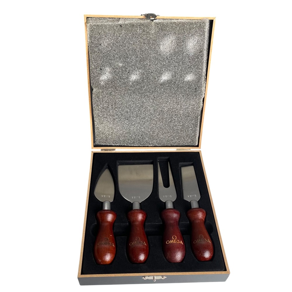 Omega Bienne Cheese Knife Set 4 Piece Wood Handle Stainless Steel Boxed Set RARE
